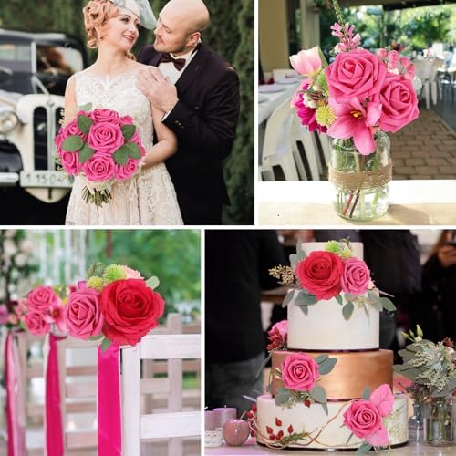 Hot Pink Rose 25pcs Real Looking Artificial Flowers w/Stem in Hot Pink, alternate view 5