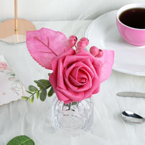 Hot Pink Rose 25pcs Real Looking Artificial Flowers w/Stem in Hot Pink, alternate view 6