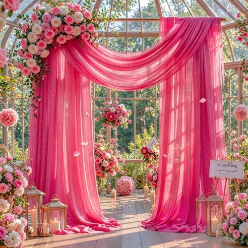 Hot Pink Wedding Arch Draping Fabric 28" x19FT Sheer Curtain Drapes in 28" width x 19Ft length(2 Panels) in Hot