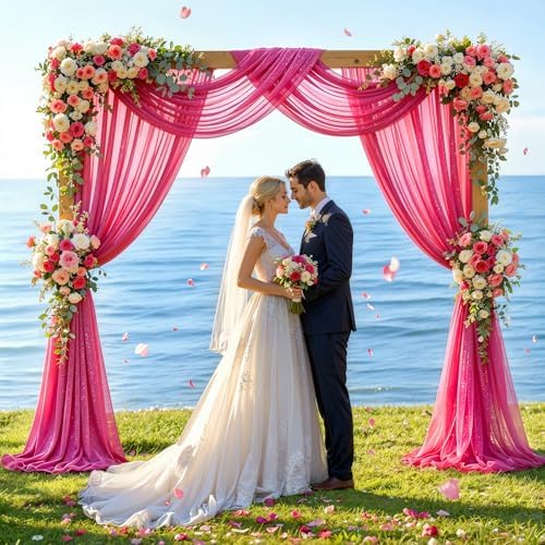 Hot Pink Wedding Arch Draping Fabric 28" x19FT Sheer Curtain Drapes in 28" width x 19Ft length(2 Panels) in Hot, alternate