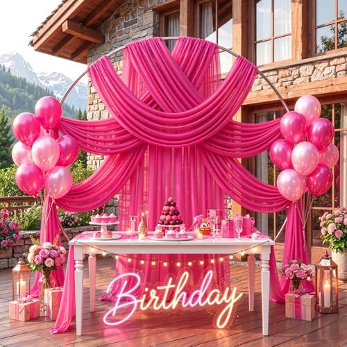 Hot Pink Wedding Arch Draping Fabric 28" x19FT Sheer Curtain Drapes in 28" width x 19Ft length(2 Panels) in Hot, alternate