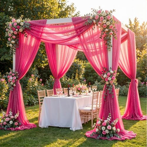 Hot Pink Wedding Arch Draping Fabric 28" x19FT Sheer Curtain Drapes in 28" width x 19Ft length(2 Panels) in Hot, alternate