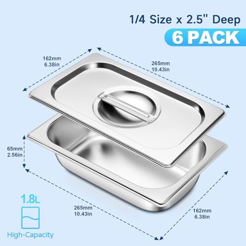 Hotel Pans With Lids 1/4 Quarter Size 2.5 Inch Stainless Steel Food Pans in 2.5" Deep in 1/4 Size, alternate view 2