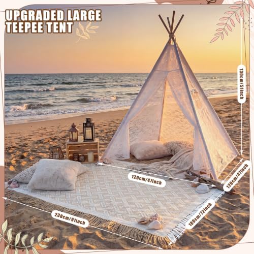 Huge Teepee Tent 47'' x 51'' with Extra Large Boho Picnic Blanket 91'' x 72'', Outdoor Lace Teepee Play Tent, alternate view