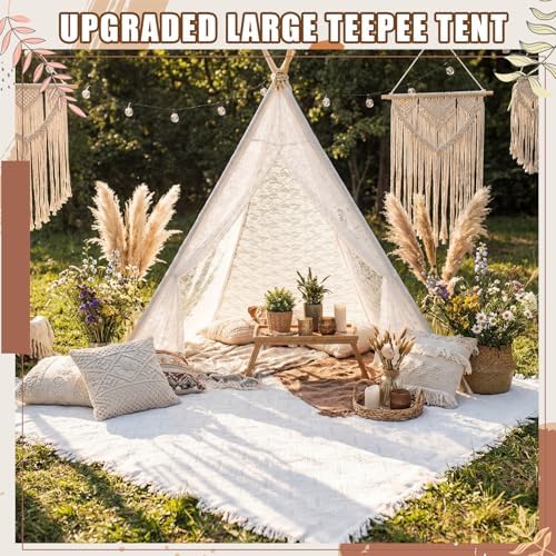 Huge Teepee Tent 75'' x 67'' with Extra Large Boho Picnic Blanket 91'' x 72'', Outdoor Lace Teepee Play Tent, alternate view