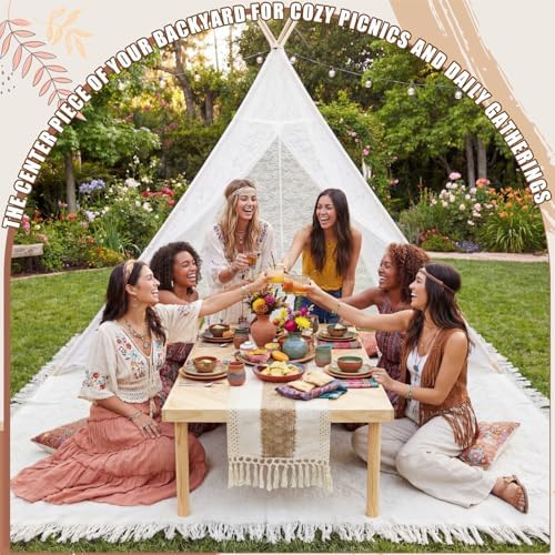 Huge Teepee Tent 75'' x 67'' with Extra Large Boho Picnic Blanket 91'' x 72'', Outdoor Lace Teepee Play Tent, alternate view