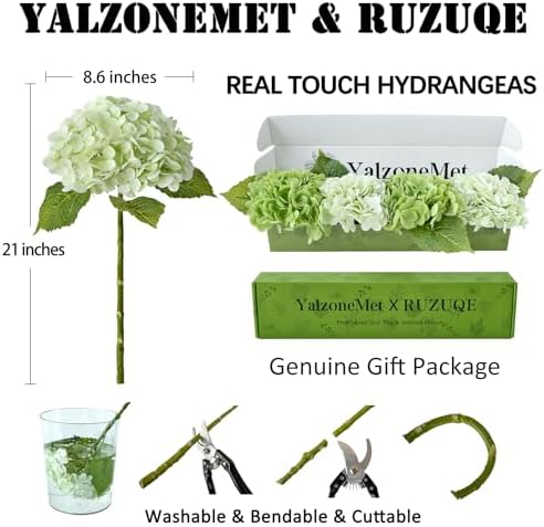 Hydrangea Artificial Flower Natural Lifelike Real 21 inch Latex Long Stem 2 Light Green+2 Dark Green Hydrangea, alternate
