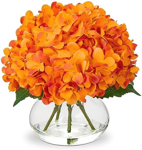 Hydrangea Artificial Flowers in Vase Orange Silk Fake Flowers Arrangements with Glass Vase with Faux Water Faux