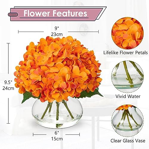 Hydrangea Artificial Flowers in Vase Orange Silk Fake Flowers Arrangements with Glass Vase with Faux Water Faux, alternate