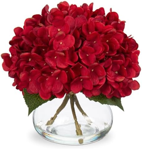 Hydrangea Artificial Flowers in Vase Red Silk Fall Fake Flowers Arrangements with Glass Vase with Faux Water