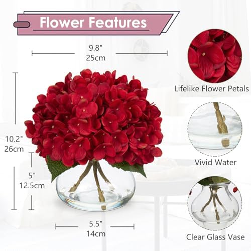 Hydrangea Artificial Flowers in Vase Red Silk Fall Fake Flowers Arrangements with Glass Vase with Faux Water, alternate view