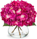 Hydrangea Artificial Flowers with Glass Vase Fuchsia Silk Faux Flowers Arrangements in Vase with Faux Water Fake