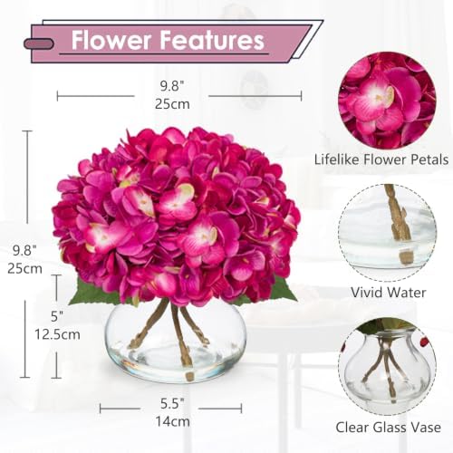 Hydrangea Artificial Flowers with Glass Vase Fuchsia Silk Faux Flowers Arrangements in Vase with Faux Water Fake, alternate