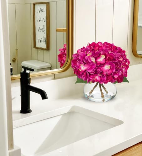 Hydrangea Artificial Flowers with Glass Vase Fuchsia Silk Faux Flowers Arrangements in Vase with Faux Water Fake, alternate