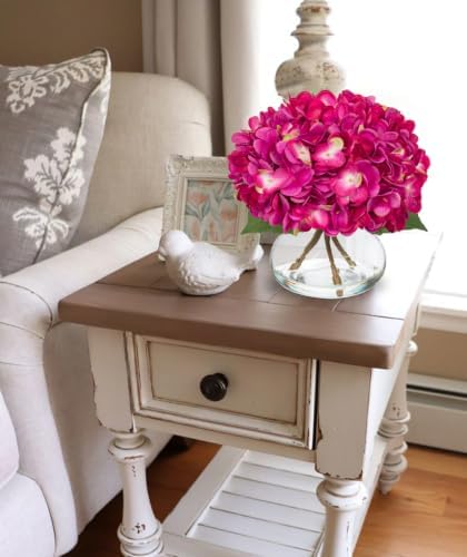 Hydrangea Artificial Flowers with Glass Vase Fuchsia Silk Faux Flowers Arrangements in Vase with Faux Water Fake, alternate