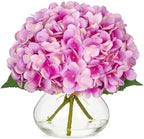 Hydrangea Artificial Flowers with Glass Vase Purplish Pink Silk Faux Flowers Arrangements in Vase with Faux