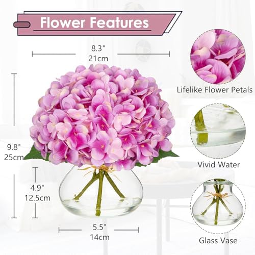 Hydrangea Artificial Flowers with Glass Vase Purplish Pink Silk Faux Flowers Arrangements in Vase with Faux, alternate view 2