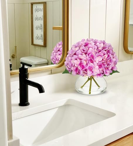 Hydrangea Artificial Flowers with Glass Vase Purplish Pink Silk Faux Flowers Arrangements in Vase with Faux, alternate view 4