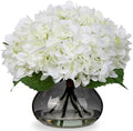 Hydrangea Artificial Flowers with Glass Vase White Silk Faux Flowers Arrangements with Faux Water Fake Floral