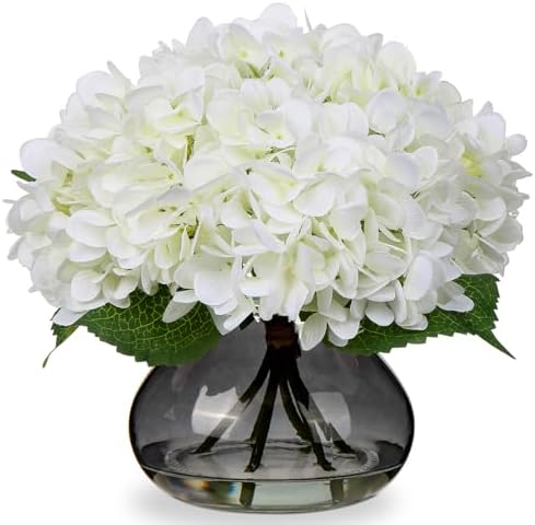 Hydrangea Artificial Flowers with Glass Vase White Silk Faux Flowers Arrangements with Faux Water Fake Floral