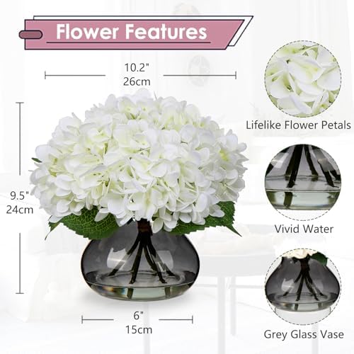 Hydrangea Artificial Flowers with Glass Vase White Silk Faux Flowers Arrangements with Faux Water Fake Floral, alternate view