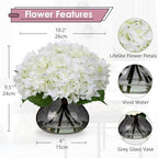 Hydrangea Artificial Flowers with Glass Vase White Silk Faux Flowers Arrangements with Faux Water Fake Floral, alternate view