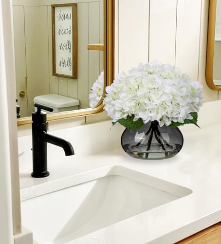 Hydrangea Artificial Flowers with Glass Vase White Silk Faux Flowers Arrangements with Faux Water Fake Floral, alternate view