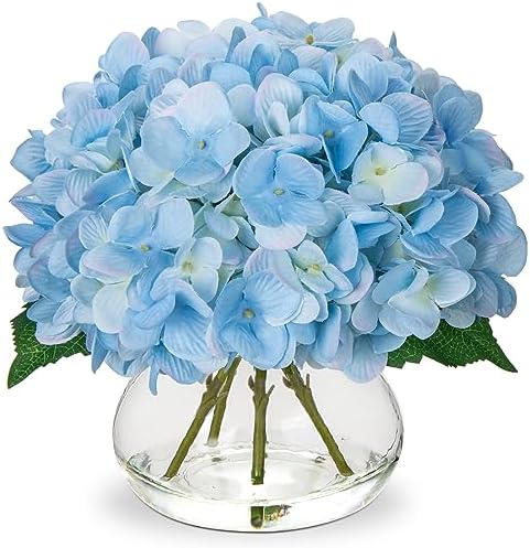 Hydrangea Artificial Flowers with Vase Blue Silk Fake Flowers Arrangements in Glass Vase with Faux Water Faux