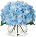 Hydrangea Artificial Flowers with Vase Blue Silk Fake Flowers Arrangements in Glass Vase with Faux Water Faux