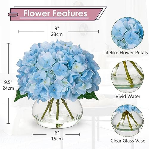 Hydrangea Artificial Flowers with Vase Blue Silk Fake Flowers Arrangements in Glass Vase with Faux Water Faux, alternate view