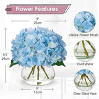 Hydrangea Artificial Flowers with Vase Blue Silk Fake Flowers Arrangements in Glass Vase with Faux Water Faux, alternate view