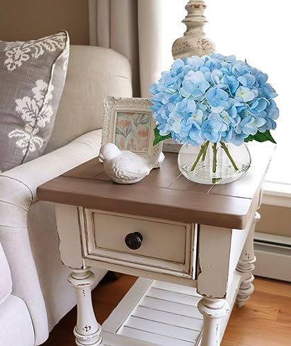 Hydrangea Artificial Flowers with Vase Blue Silk Fake Flowers Arrangements in Glass Vase with Faux Water Faux, alternate view