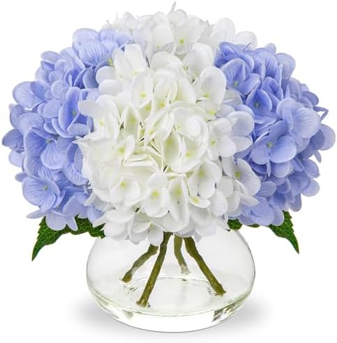 Hydrangea Artificial Flowers with Vase White & Blue Silk Fake Flowers Arrangements in Glass Vase with Faux Water