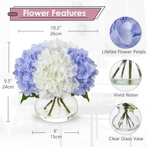 Hydrangea Artificial Flowers with Vase White & Blue Silk Fake Flowers Arrangements in Glass Vase with Faux Water, alternate