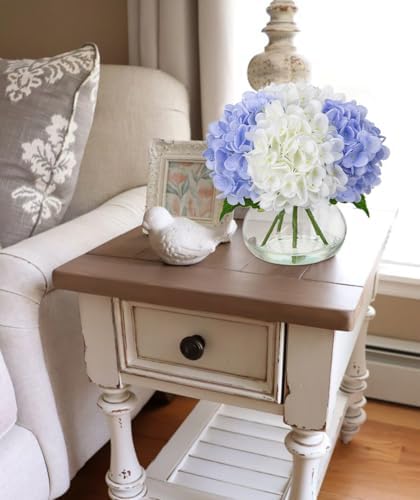 Hydrangea Artificial Flowers with Vase White & Blue Silk Fake Flowers Arrangements in Glass Vase with Faux Water, alternate