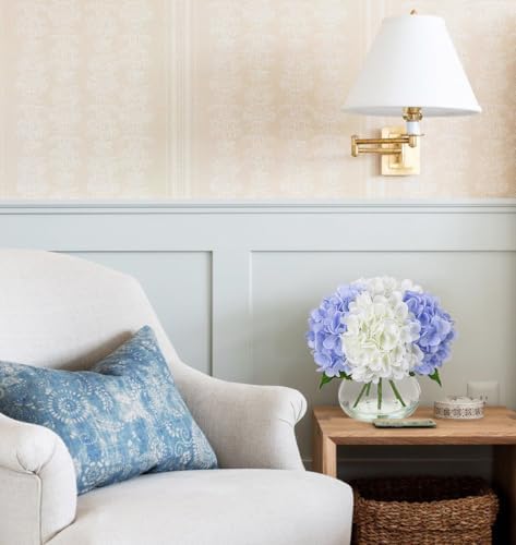 Hydrangea Artificial Flowers with Vase White & Blue Silk Fake Flowers Arrangements in Glass Vase with Faux Water, alternate