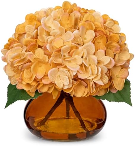 Hydrangea Fall Flowers Artificial for Decoration with Glass Vase Yellowish Orange Silk Faux Flowers Arrangements