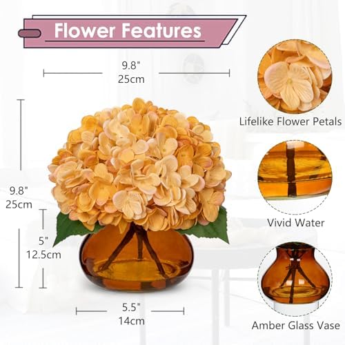Hydrangea Fall Flowers Artificial for Decoration with Glass Vase Yellowish Orange Silk Faux Flowers Arrangements, alternate