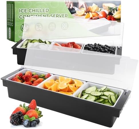 Ice Chilled Condiment Caddy with 3 Removable Trays and Lid, 2 Pack