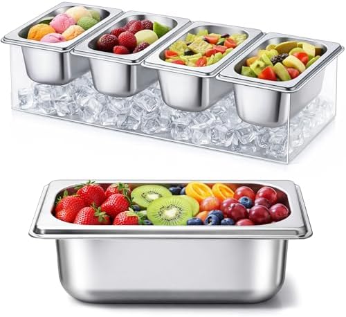 Ice Chilled Condiment Caddy with 4 x 20 Oz Containers, 1 Pcs in Silver, Transparent