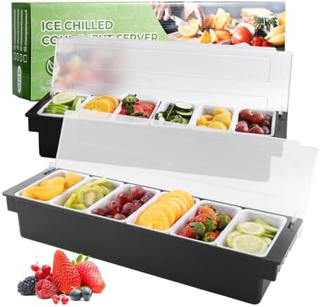 Ice Chilled Condiment Caddy with 6 Removable Trays and Lid, 2 Pack in Black+White