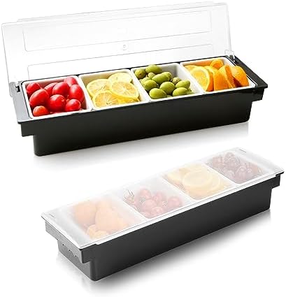 Ice Chilled Condiment Caddy with Lid and 4 Removable Trays, 2 Pack in Black+White