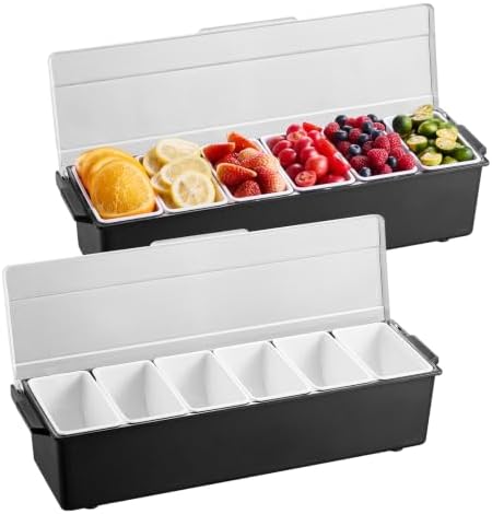 Ice Cooled Condiment Serving Container, 6 Compartments Chilled Server, Fruit Veggie Condiment Caddy, Plastic