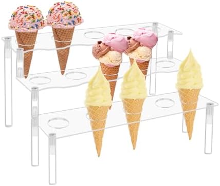 Ice Cream Cone Holder, 3 Tier Acrylic Cupcake Stand, 15 Holes in Clear