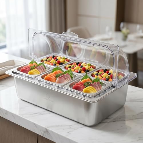 Ice Food Serving Display Tray, 6-Pan Countertop Cold Food Serving Station in 7 x 6.4 x 4 inches in silver, alternate view 2