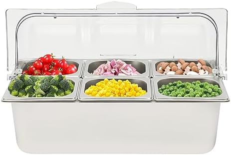 Ice Food Serving Display Tray with Clear Roll Top 6 Pans Buffet Condiment Dispenser Countertop Cold Serving