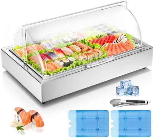 Ice Food Serving Display Tray with Clear Roll Top Cover, 1 x 1 Pan(Full Pan) in Silver