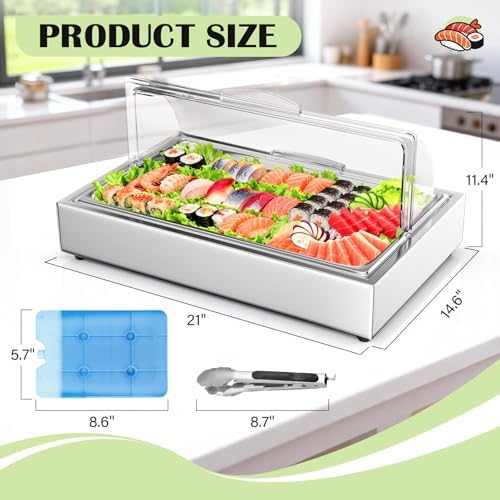 Ice Food Serving Display Tray with Clear Roll Top Cover, 1 x 1 Pan(Full Pan) in Silver, alternate view 2