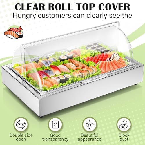 Ice Food Serving Display Tray with Clear Roll Top Cover, 1 x 1 Pan(Full Pan) in Silver, alternate view 5