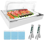 Ice Food Serving Display Tray with Clear Roll Top Cover & 2 Stainless Steel Tongs, Chilled Buffet Server Food